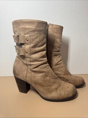 Nurture Tan Suede Mid-Heel Ankle Boots with Buckle Straps